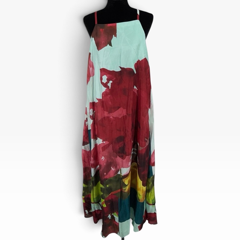 Lafayette 148 New York Silk Floral Maxi Dress XL Mint Green Red Abstract Sun